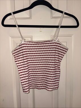 American Eagle Outfitters Red and White Striped Lace-Trim Cami